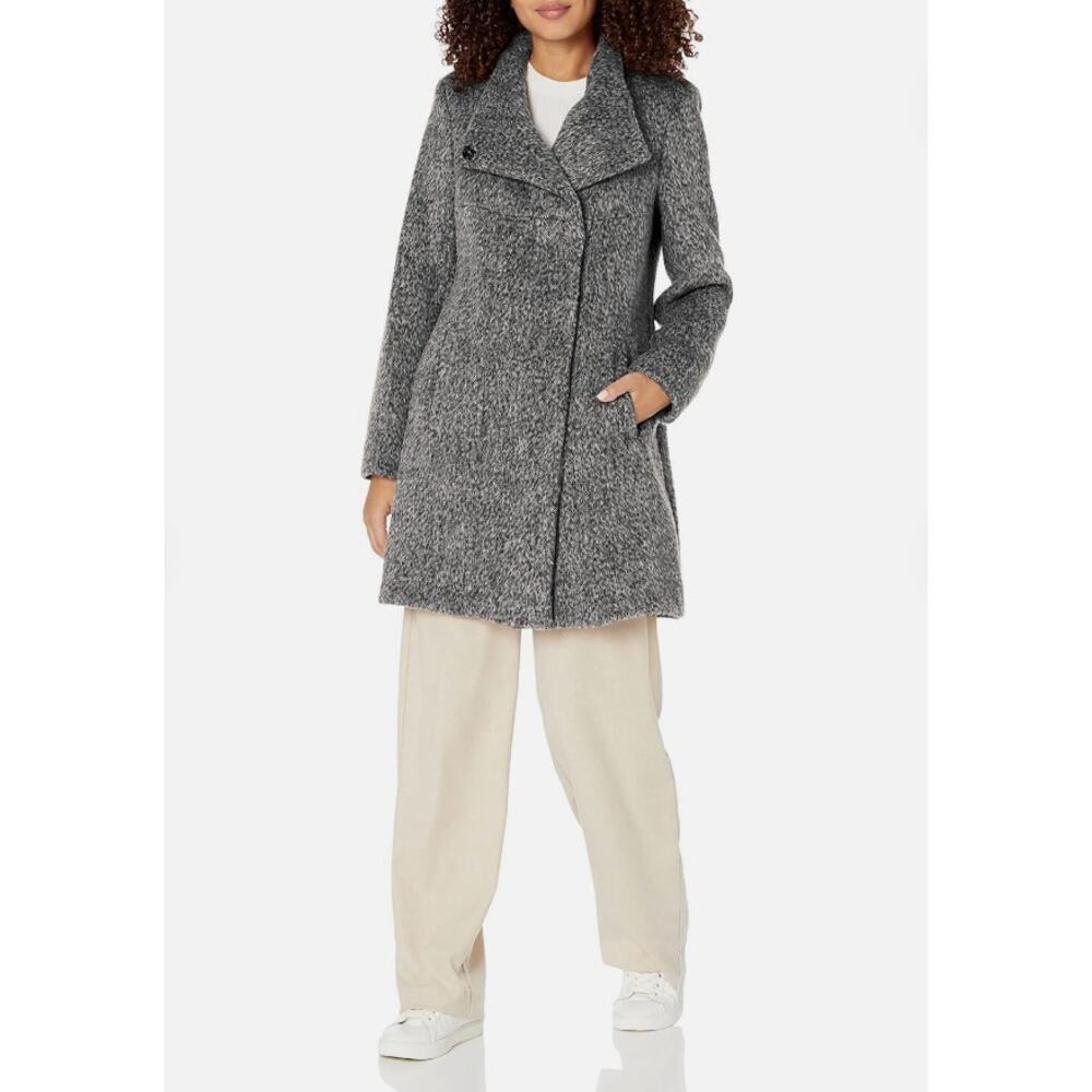 Kenneth Cole Asymmetrical Pressed Boucle Wool Coat Charcoal XL